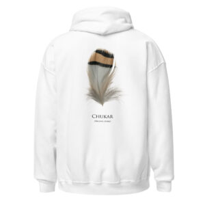 White hoodie with Chukar bird feather design.
