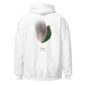 White hoodie with teal feather design.