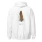 White hoodie with quail feather illustration.