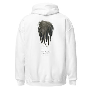 White hoodie with pintail feather design.