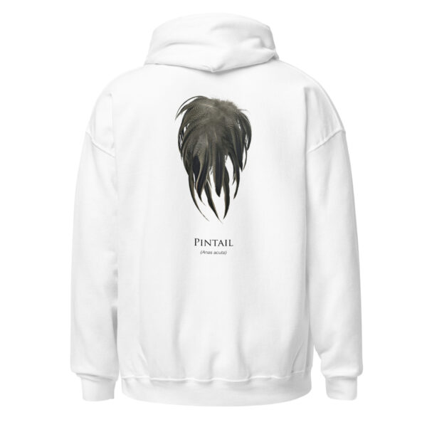 White hoodie with pintail feather design.