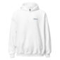 White hoodie with small embroidered logo on chest.