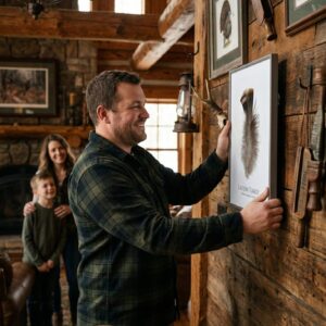 easternManHandingArtOnLodgeWall Man hangs artwork in rustic home, family watches.