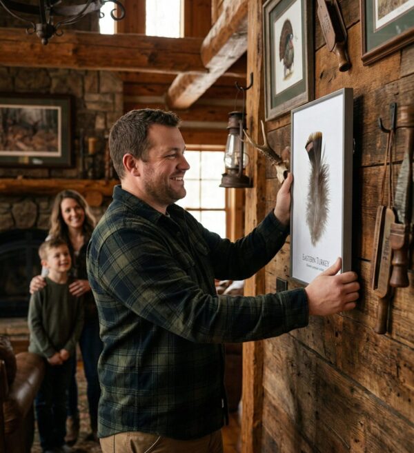 easternManHandingArtOnLodgeWall Man hangs artwork in rustic home, family watches.