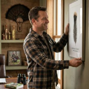 merriamsManHangingArt Man hanging framed turkey feather picture.