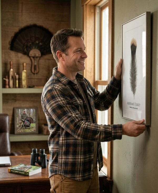 merriamsManHangingArt Man hanging framed turkey feather picture.