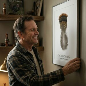 osceolaManHangingArtPiece Man hanging framed turkey feather art.