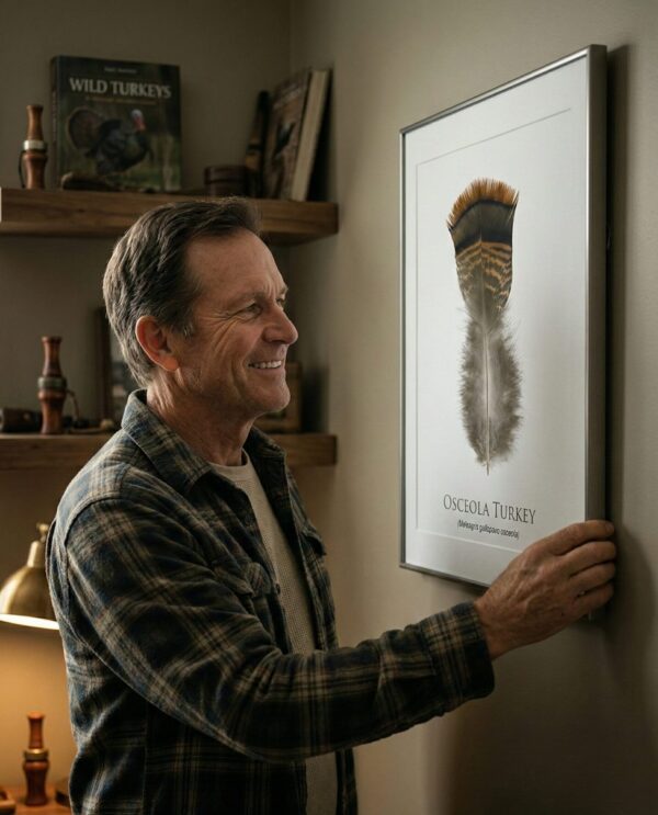 osceolaManHangingArtPiece Man hanging framed turkey feather art.