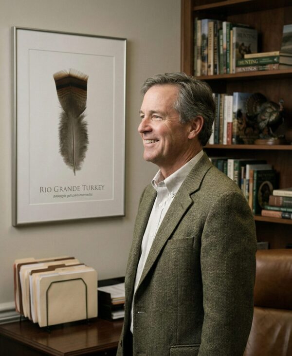 rioGrandManwithArt Man in office with Rio Grande turkey poster.