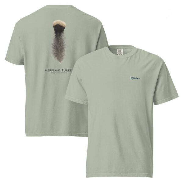 unisex-garment-dyed-heavyweight-t-shirt-bay-front-and-back-69b95fe96901c.jpg Green t-shirt with feather and logo design.