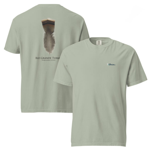 unisex-garment-dyed-heavyweight-t-shirt-bay-front-and-back-69b96202f3d02.jpg Green shirt with turkey feather design.