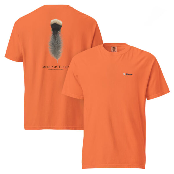 unisex-garment-dyed-heavyweight-t-shirt-burnt-orange-front-and-back-69b95fe964359.jpg Orange T-shirt with feather graphic and logo.