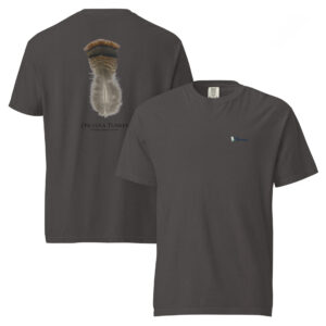 unisex-garment-dyed-heavyweight-t-shirt-graphite-front-and-back-69b961486bc25.jpg Gray t-shirt with feather and Osceola Turkey design.