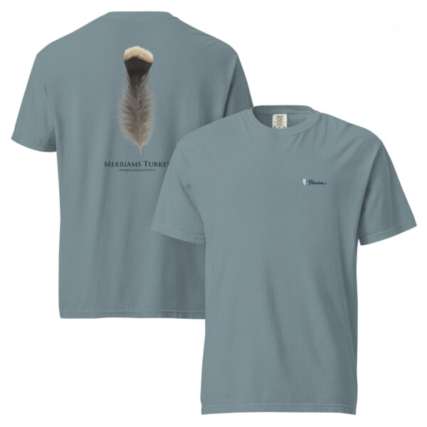 Gray T-shirt with feather design, Merriam's Turkey.