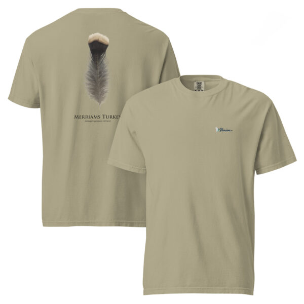 unisex-garment-dyed-heavyweight-t-shirt-khaki-front-and-back-69b95fe96659a.jpg Beige T-shirt with feather design, Merriam's Turkey theme.