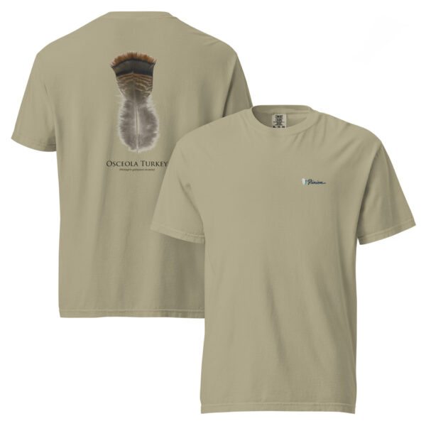 unisex-garment-dyed-heavyweight-t-shirt-khaki-front-and-back-69b961486f7c0.jpg Beige t-shirt with turkey feather design.