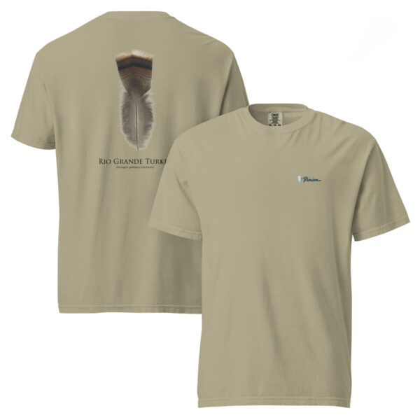 unisex-garment-dyed-heavyweight-t-shirt-khaki-front-and-back-69b96202f1026.jpg Beige T-shirt with Rio Grande Turkey feather design