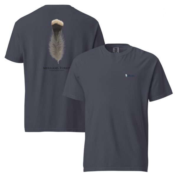 unisex-garment-dyed-heavyweight-t-shirt-navy-front-and-back-69b95fe963078.jpg Gray T-shirt with feather design, Merriam's Turkey.