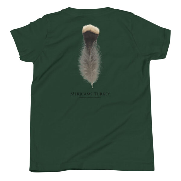 youth-staple-tee-forest-back-69a6dc4b66c6b.jpg Green shirt with Merriam's turkey feather design.