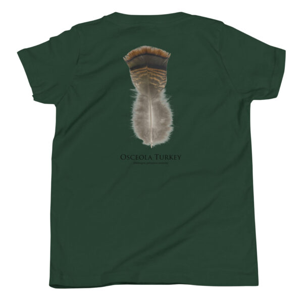 youth-staple-tee-forest-back-69a6ddb06003d.jpg Green shirt with Osceola turkey feather design