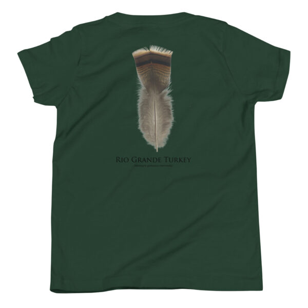 youth-staple-tee-forest-back-69a6de988731d.jpg Green t-shirt with Rio Grande turkey feather design.