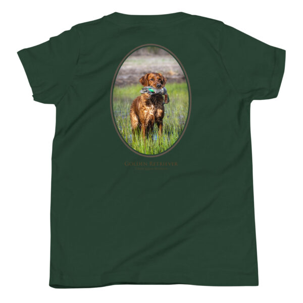 youth-staple-tee-forest-back-69a6e1bcbcb07.jpg Golden Retriever on dark green T-shirt