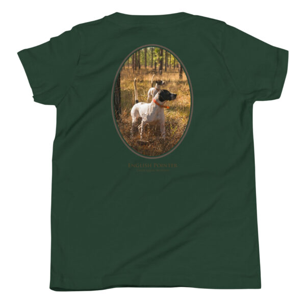 youth-staple-tee-forest-back-69a6e3e7b8cdc.jpg Green shirt with English Pointer dog design.