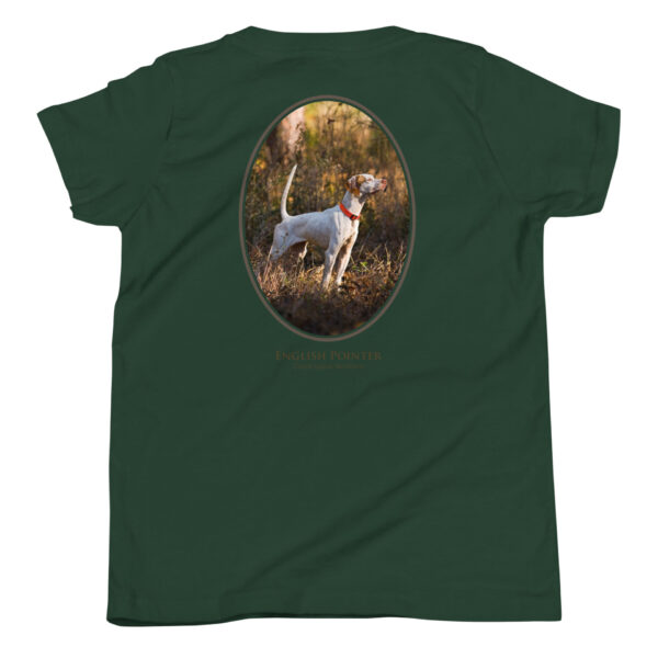 youth-staple-tee-forest-back-69a6e47f198ab.jpg Green t-shirt with English Pointer design.