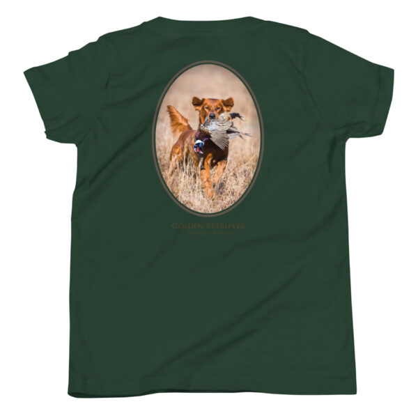 youth-staple-tee-forest-back-69a6e52c16d42.jpg Golden Retriever carrying pheasant on T-shirt design
