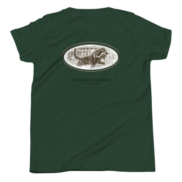 youth-staple-tee-forest-back-69a6e70446991.jpg Green T-shirt with Labrador Retriever design