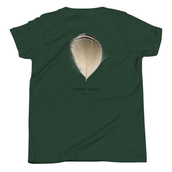 youth-staple-tee-forest-back-69a6e77a1ba21.jpg Green t-shirt with wood duck feather design.