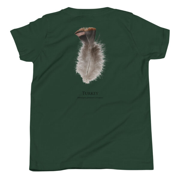 youth-staple-tee-forest-back-69a6e84d8a127.jpg Back of green shirt with turkey feather design.