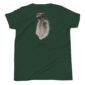 Back of green shirt with turkey feather design.
