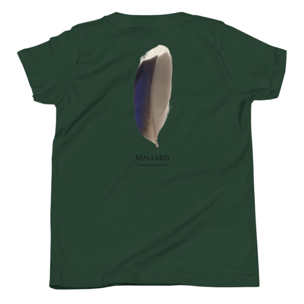 youth-staple-tee-forest-back-69a6e90bce854.jpg Green T-shirt with mallard feather design