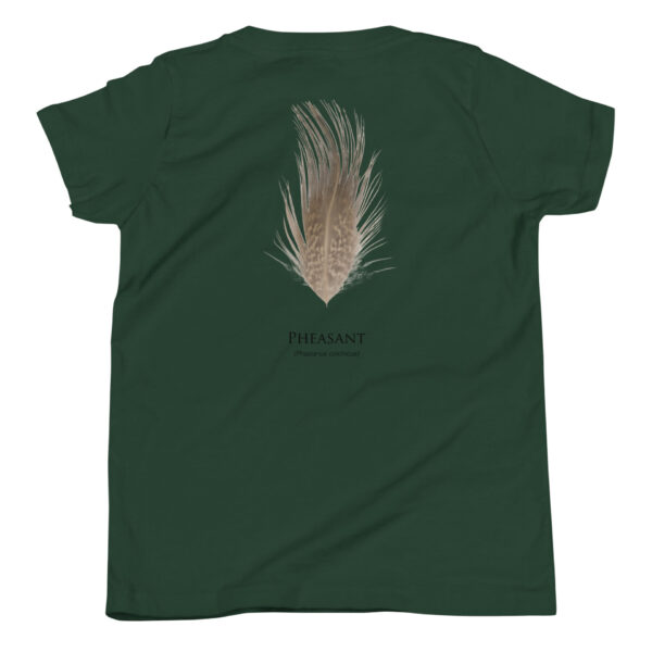youth-staple-tee-forest-back-69a6e9c31535c.jpg Green shirt with pheasant feather graphic.