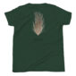 Green shirt with pheasant feather graphic.