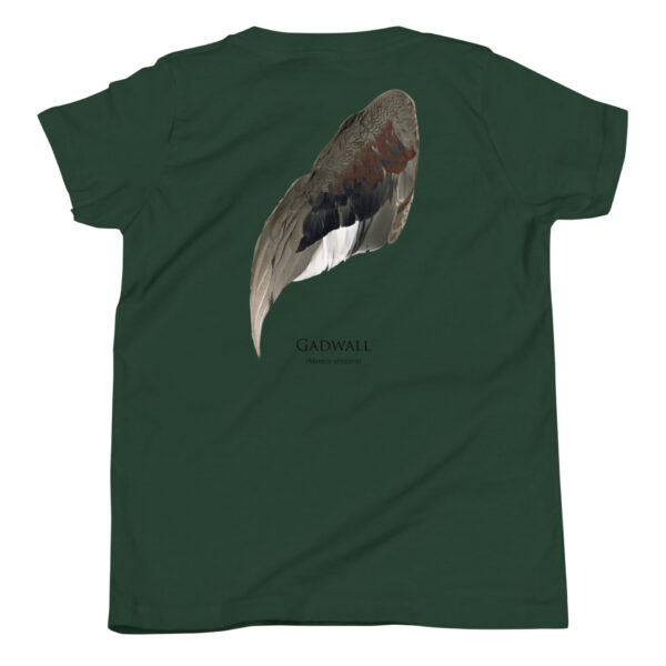 youth-staple-tee-forest-back-69a6eb0454442.jpg Green shirt with Gadwall duck wing design.