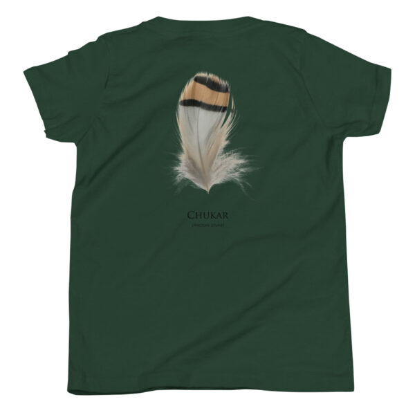 youth-staple-tee-forest-back-69a6ebb198095.jpg Green shirt with feather and Chukar text