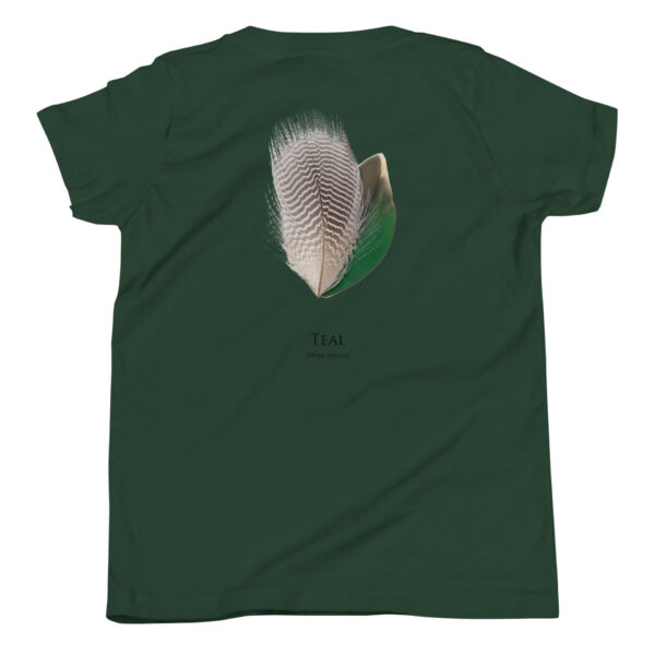 youth-staple-tee-forest-back-69a6ed038f69b.jpg Green shirt with detailed feather design on back.