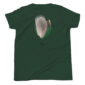 Green shirt with detailed feather design on back.