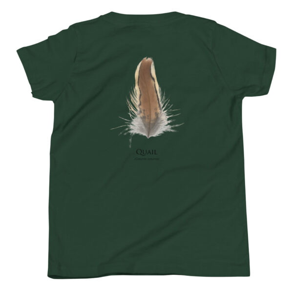 youth-staple-tee-forest-back-69a6ed9fbc460.jpg Green t-shirt with quail feather design.