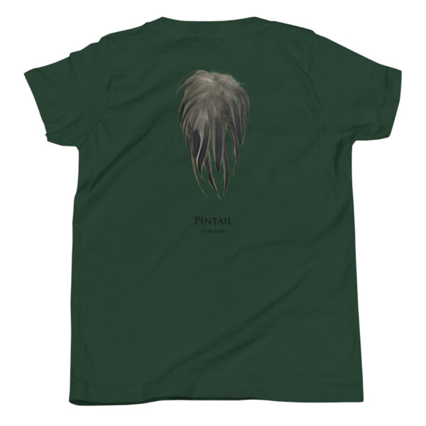 youth-staple-tee-forest-back-69a6ee82034a2.jpg Green T-shirt with pintail feather design.