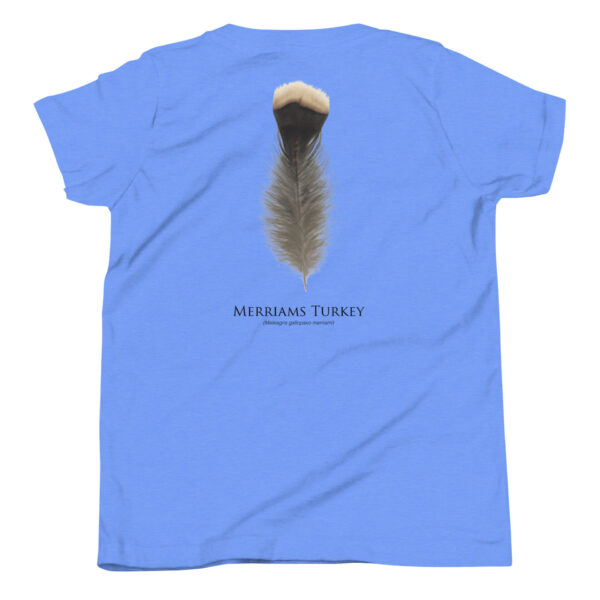 youth-staple-tee-heather-columbia-blue-back-69a6dc4b66d88.jpg Blue shirt with Merriam's Turkey feather design.