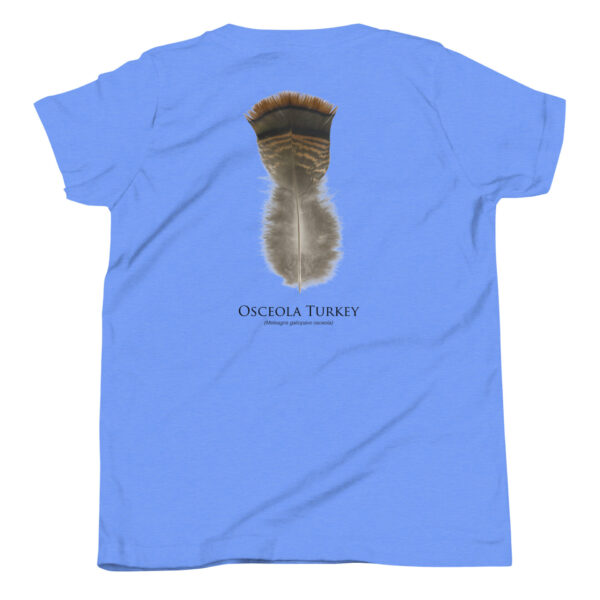 youth-staple-tee-heather-columbia-blue-back-69a6ddb0600f0.jpg Blue t-shirt with Osceola turkey feather design.