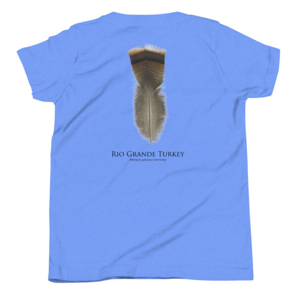youth-staple-tee-heather-columbia-blue-back-69a6de98873d6.jpg Blue t-shirt with Rio Grande Turkey feather design.