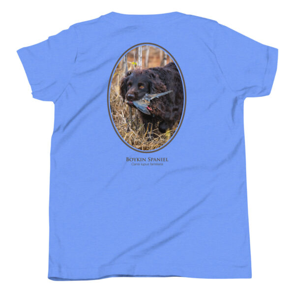 youth-staple-tee-heather-columbia-blue-back-69a6e10fe3a17.jpg Blue shirt with Boykin Spaniel graphic design.