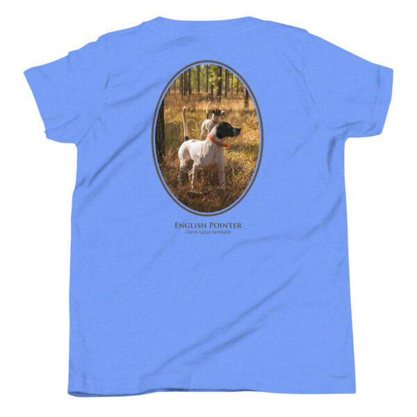 youth-staple-tee-heather-columbia-blue-back-69a6e3e7b8df0.jpg Blue T-shirt featuring English Pointer dog image