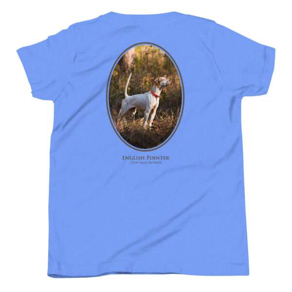 youth-staple-tee-heather-columbia-blue-back-69a6e47f19960.jpg Blue shirt with English Pointer dog design.