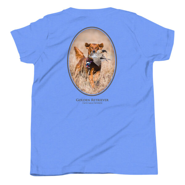 youth-staple-tee-heather-columbia-blue-back-69a6e52c16de3.jpg Golden Retriever with bird design on blue shirt
