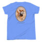 Golden Retriever with bird design on blue shirt